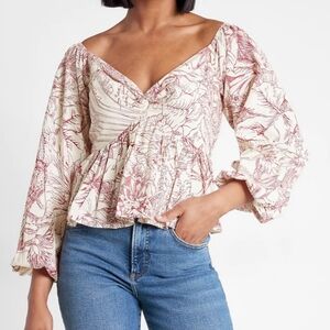NWT Express Sz M Burgundy Ivory Tropical Off Shoulder Cottagecore Peplum Top